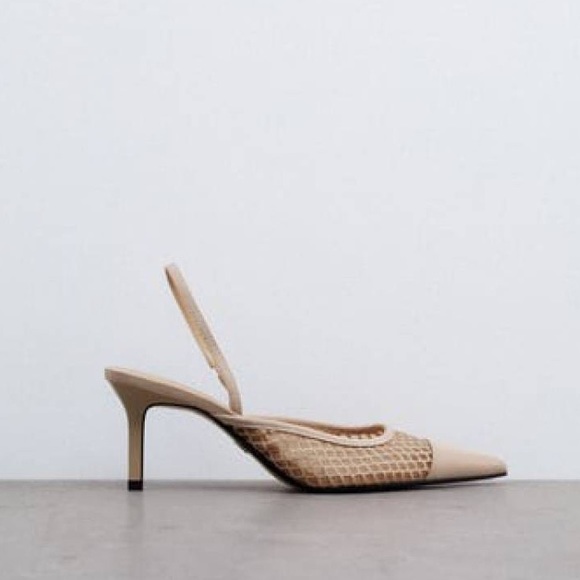 Zara NWT Mesh net detail pointed toe sling back heels size 40 - Picture 9 of 12